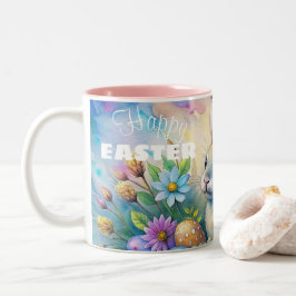 Caneca De Café Em Dois Tons Watercolor Happy Easter Rabbit