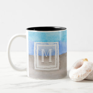 Caneca De Café Em Dois Tons #Watercolor #Monograma #Mar & Areia Azul e Tan