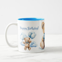 Caneca De Café Em Dois Tons Watercolor Teddy Bear and Clouds Happy Birthday