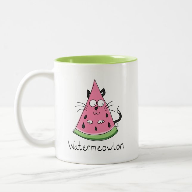Caneca De Café Em Dois Tons Watermeowlon Watermelon Cat. Café Engraçado (Esquerda)
