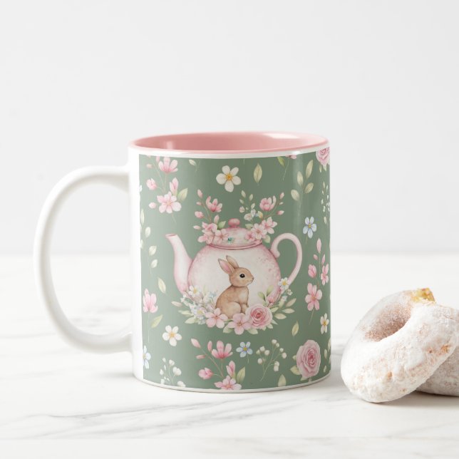 Caneca De Café Em Dois Tons Whimsical Bunny Teapot Floral Spring  (Com Donut)
