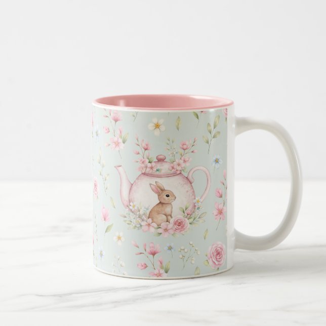 Caneca De Café Em Dois Tons Whimsical Bunny Teapot Floral Spring  (Direita)