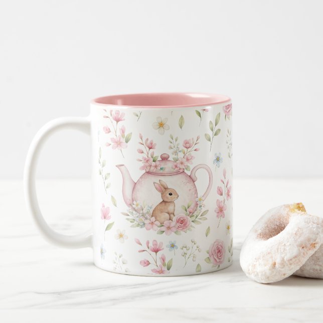 Caneca De Café Em Dois Tons Whimsical Bunny Teapot Floral Spring  (Com Donut)