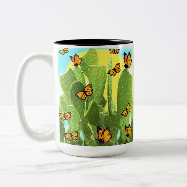 Caneca De Café Em Dois Tons Whimsical Cactus And Butterflies (Esquerda)