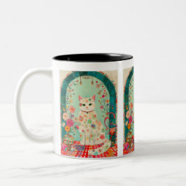 Caneca De Café Em Dois Tons Whimsical Floral Meadow Cat Art