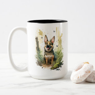 Caneca De Café Em Dois Tons Whimsical german shepherd Watercolor
