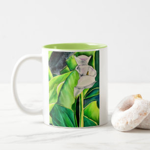 Caneca De Café Em Dois Tons White Arum Lily Watercolor, floral tropical