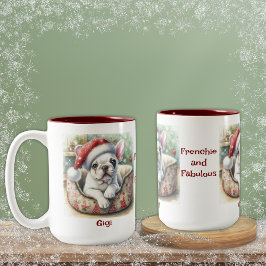 Caneca De Café Em Dois Tons White Frenchie, em Santa Chapéu, Cachorro Feriado