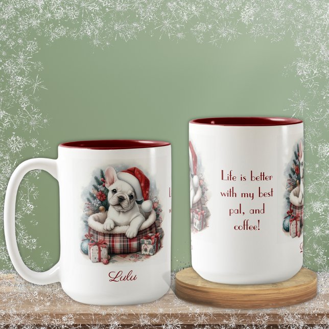 Caneca De Café Em Dois Tons White Frenchie, em um belo Natal (Criador carregado)