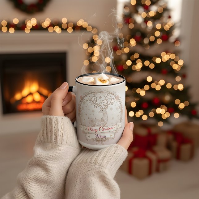 Caneca De Café Em Dois Tons Wife Christmas Mug – Personalized Reindeer (Criador carregado)