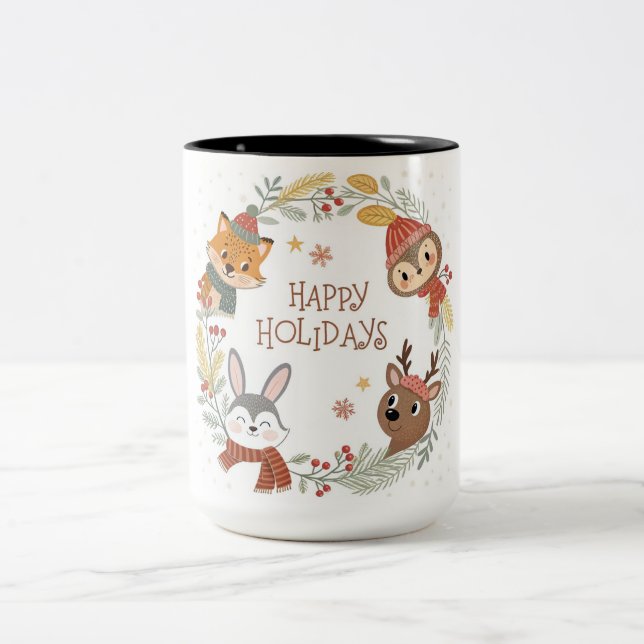 Caneca De Café Em Dois Tons Woodland Friends Happy Holidays Circle (Centro)