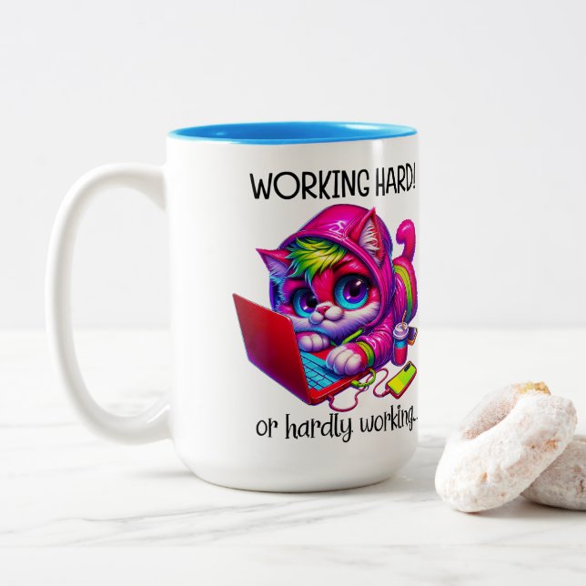 Caneca De Café Em Dois Tons Work Hard  (Com Donut)