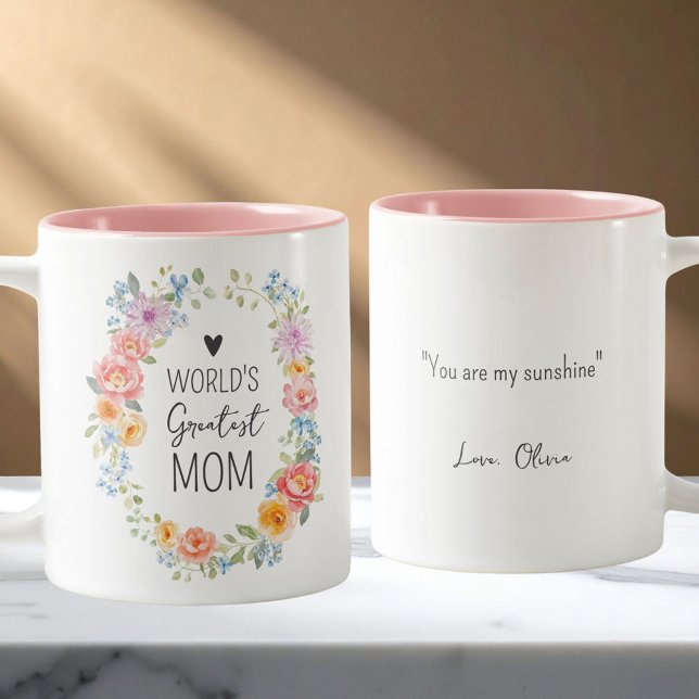 Caneca De Café Em Dois Tons World's Greatest Mom Personalized Quote Floral (Criador carregado)