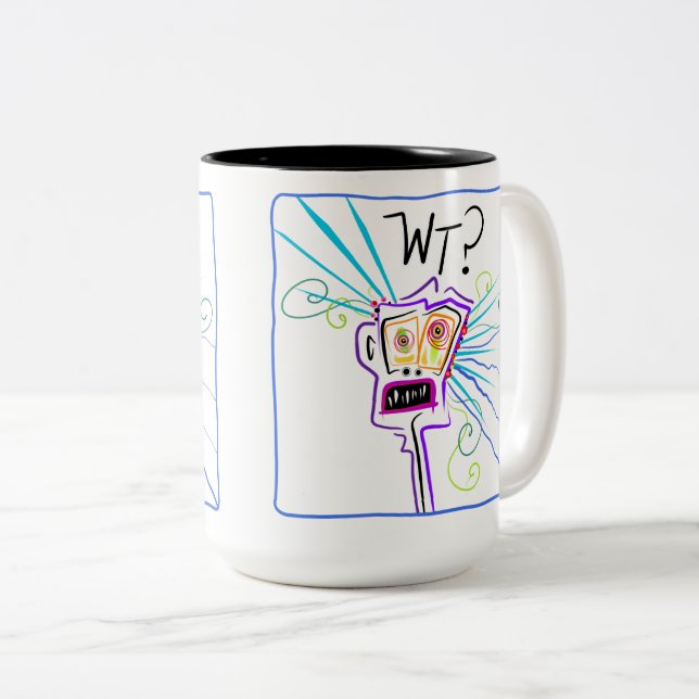 Caneca De Café Em Dois Tons WT? O QUE? EMOJI Meemogie (Frente Esquerda)