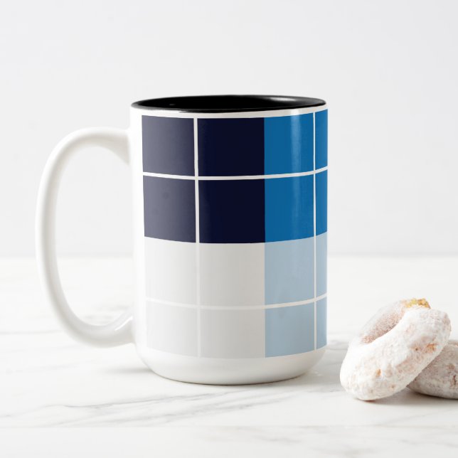 Caneca De Café Em Dois Tons Xadrez Azul Quadriculado  (Com Donut)