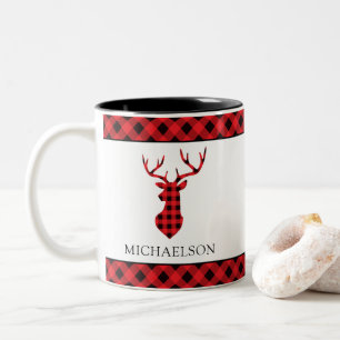 Caneca De Café Em Dois Tons Xadrez de Buffalo Vermelha de Natal Deer Silhouett
