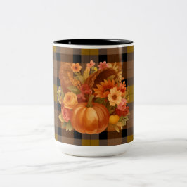 Caneca De Café Em Dois Tons Xadrez De Colheita De Queda Com Cornucopia Sazonal