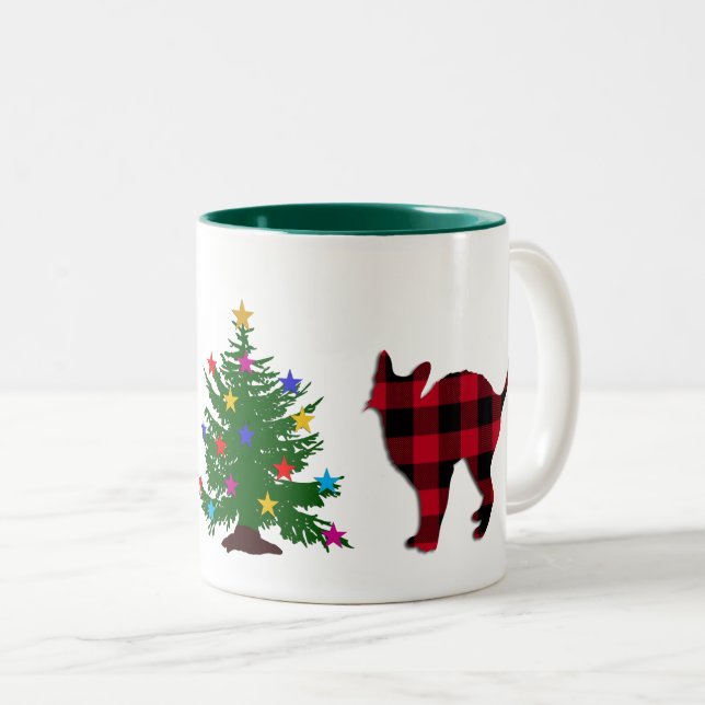 Caneca De Café Em Dois Tons Xadrez de Natal Red & Black Buffalo, árvore (Frente Esquerda)