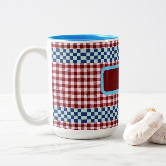 Caneca De Café Em Dois Tons Xadrez Escocês Personalizado (Com Donut)
