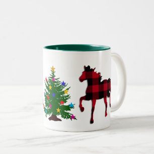 Caneca De Café Em Dois Tons Xadrez Red & Black Buffalo, Cavalo de Natal, Árvor