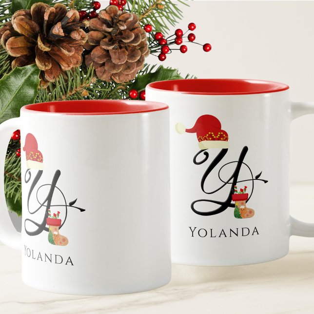 Caneca De Café Em Dois Tons Y Inicial Nome Moderno Script Elegante Natal (Criador carregado)