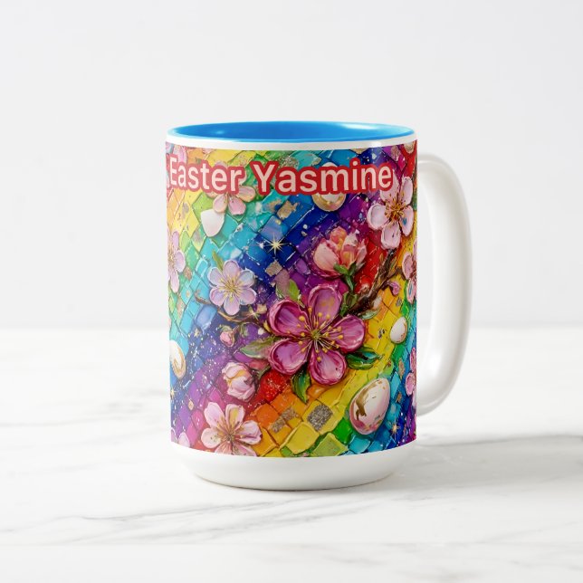 Caneca De Café Em Dois Tons YASMINE ~ FLORES DE PÁSCOA ~ Muito Doce ~ (Frente Esquerda)