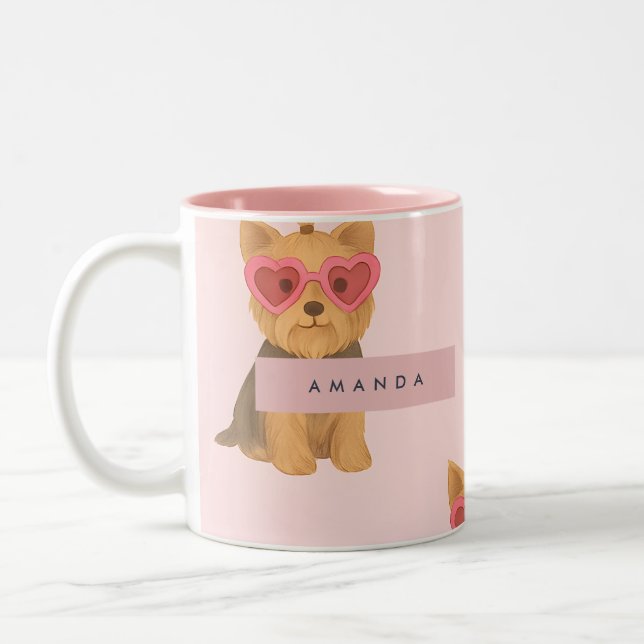 Caneca De Café Em Dois Tons Yorkie Personalizado com Óculos de Sol Coração (Esquerda)
