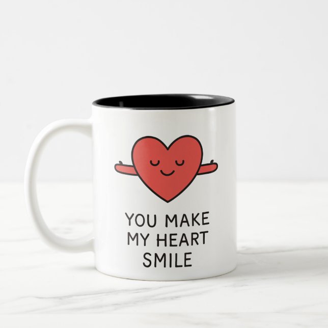 Caneca De Café Em Dois Tons "YOU MAKE MY HEART SMILE" Cute Graphic Mug (Esquerda)