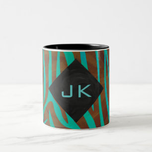 Caneca De Café Em Dois Tons Zebra Brown e Teal com Monograma