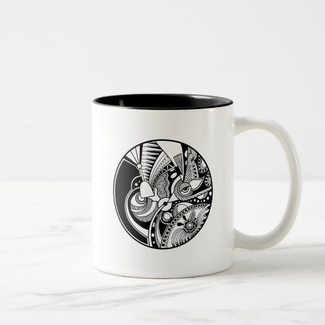 Caneca De Café Em Dois Tons Zendala abstrato preto e branco no círculo (Direita)