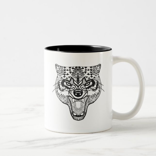 Caneca De Café Em Dois Tons Zentangle inspirou o lobo (Direita)