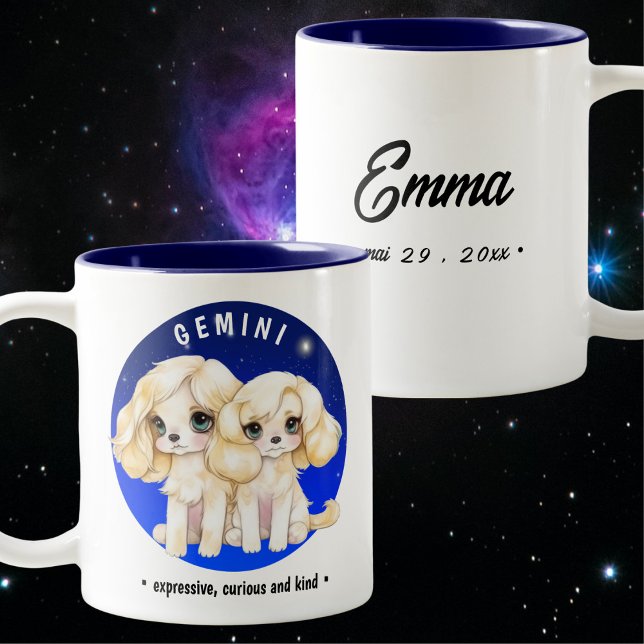 Caneca De Café Em Dois Tons Zodiac Gemini Cachorro azul estelar Aquarela (Criador carregado)