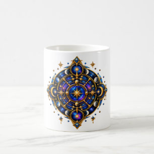 Caneca De Café Emblema Cósmico Celestial Dourado Azul Símbolo Mís
