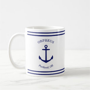 Caneca De Café Emblema de Âncora Personalizado Náutico (branco e 