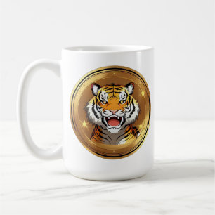 Caneca De Café Emblema de Cabeça de Tigre em Fundo Circular Doura