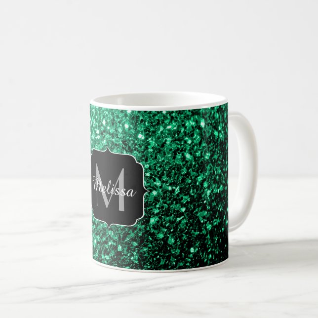 Caneca De Café Emerald Green faux glits brilha monograma (Frente Esquerda)