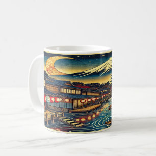 Caneca De Café Encantando Aldeia Japonesa Sob Moonlit Fuji
