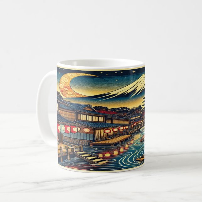 Caneca De Café Encantando Aldeia Japonesa Sob Moonlit Fuji (Frente Esquerda)