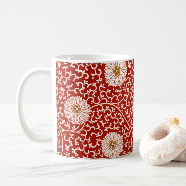 Caneca De Café Enfeite Chinês Owen Jones Floral Vermelho Branco (Com Donut)