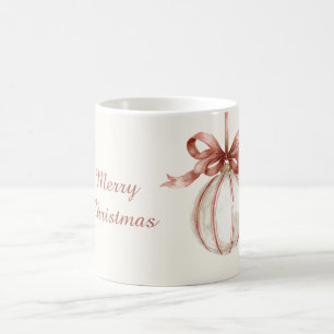 Caneca De Café Enfeite de Natal Branco Marfim com Listras e Laço