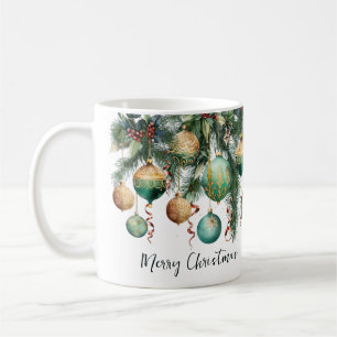 Caneca De Café Enfeites de Natal Dourados Verdes