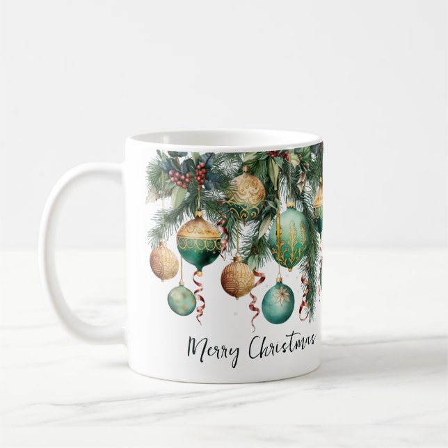 Caneca De Café Enfeites de Natal Dourados Verdes (Esquerda)