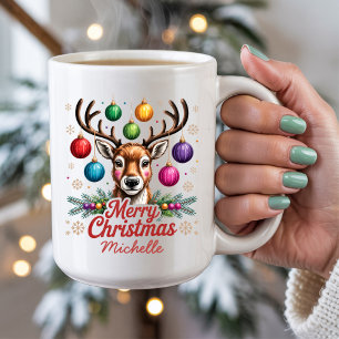 Caneca De Café Enfeites de Natal Rena com Nome Personalizado