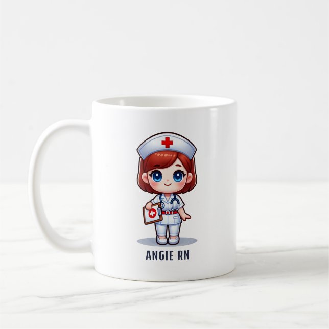 Caneca De Café Enfermeira de manga bonita com olhos azuis vermelh (Esquerda)