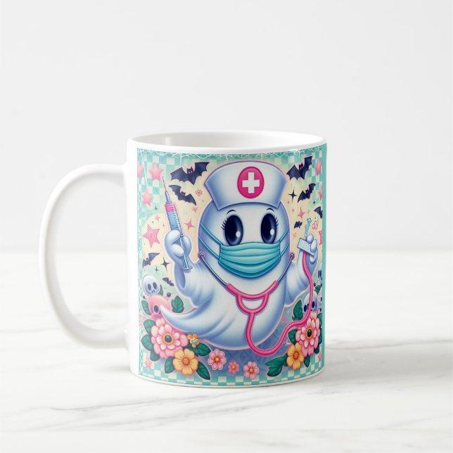 Caneca De Café Enfermeira Fantasma de Cartoon Spooky: Arte Hallow (Esquerda)