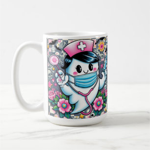 Caneca De Café Enfermeira Fantasma Halloween com Máscara e Sering