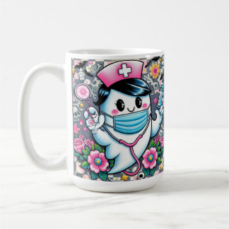 Caneca De Café Enfermeira Fantasma Halloween com Máscara e Sering