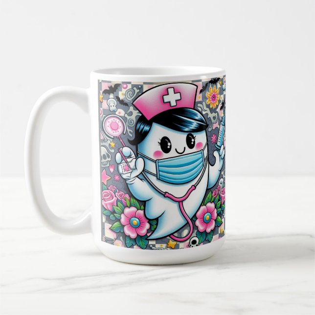 Caneca De Café Enfermeira Fantasma Halloween com Máscara e Sering (Esquerda)