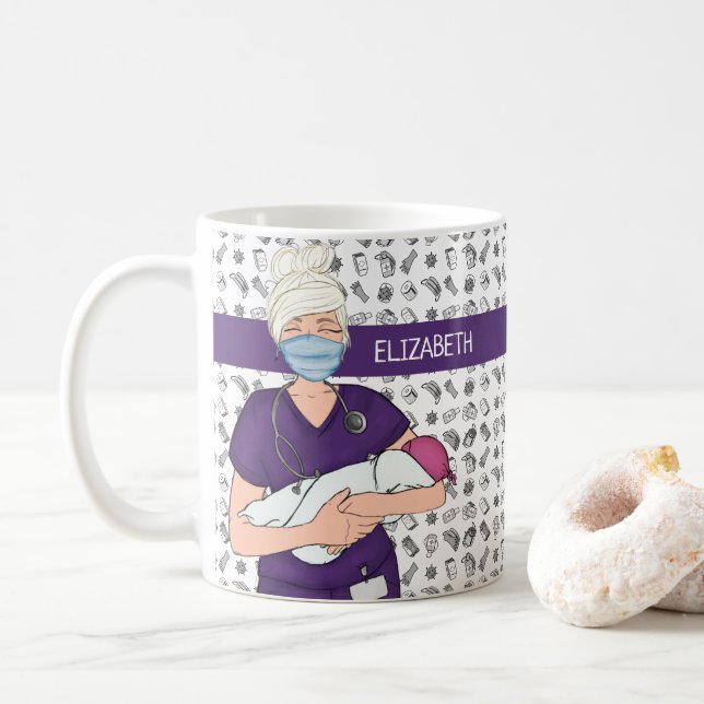 Caneca De Café Enfermeira Personalizada de Baby OB/GYN (Com Donut)