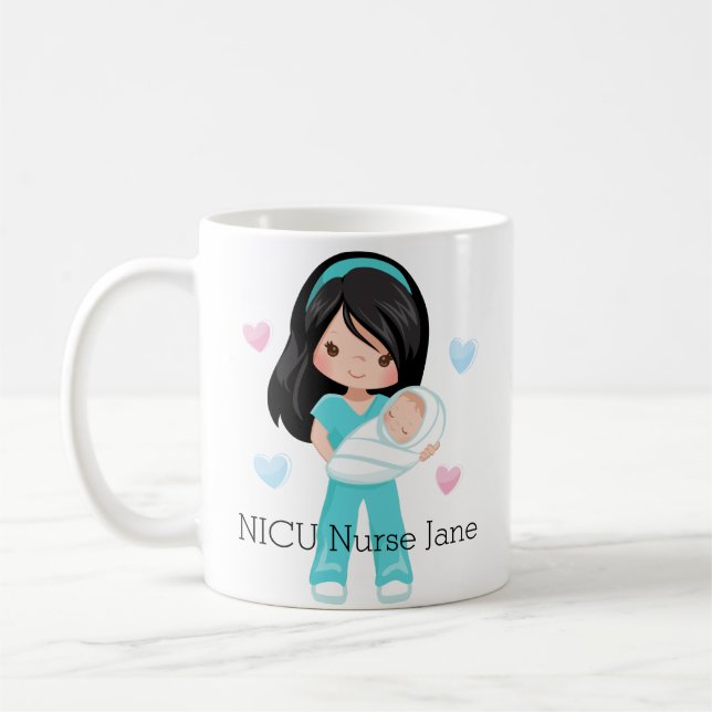 Caneca De Café Enfermeira personalizada do cabelo preto NICU com (Esquerda)